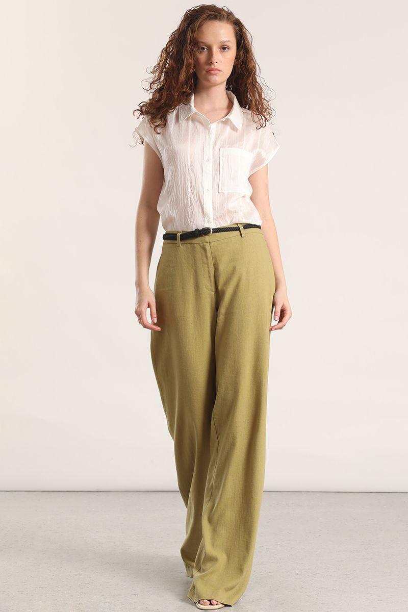 Pantalón ancho cinturón lino liola mujer verde-0