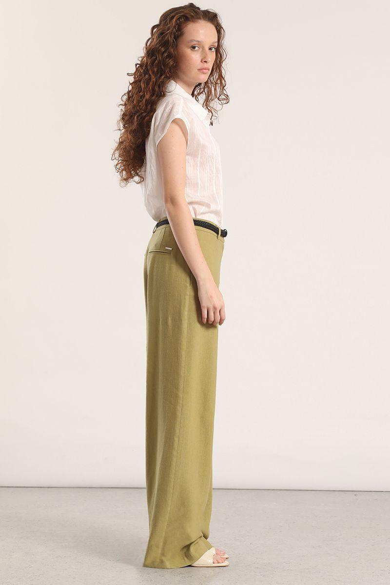 Pantalón ancho cinturón lino liola mujer verde-1