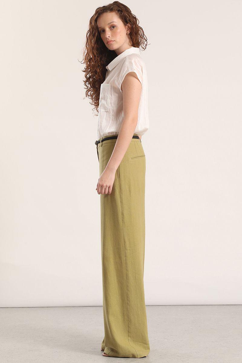 Pantalón ancho cinturón lino liola mujer verde-2