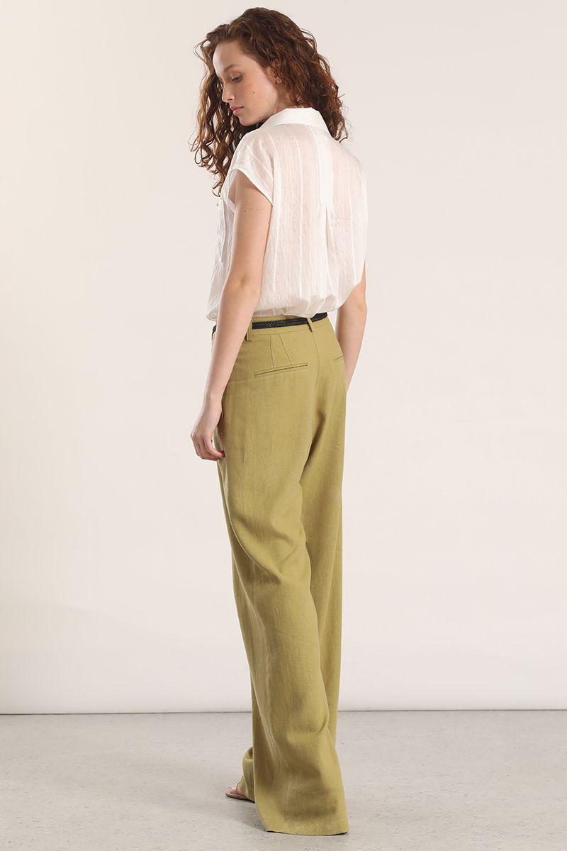 Pantalón ancho cinturón lino liola mujer verde-4