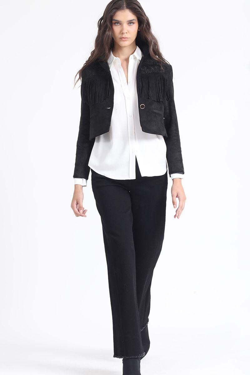 Chaqueta Cropped Efecto Gamuza, Flecos, Negro Liola-1