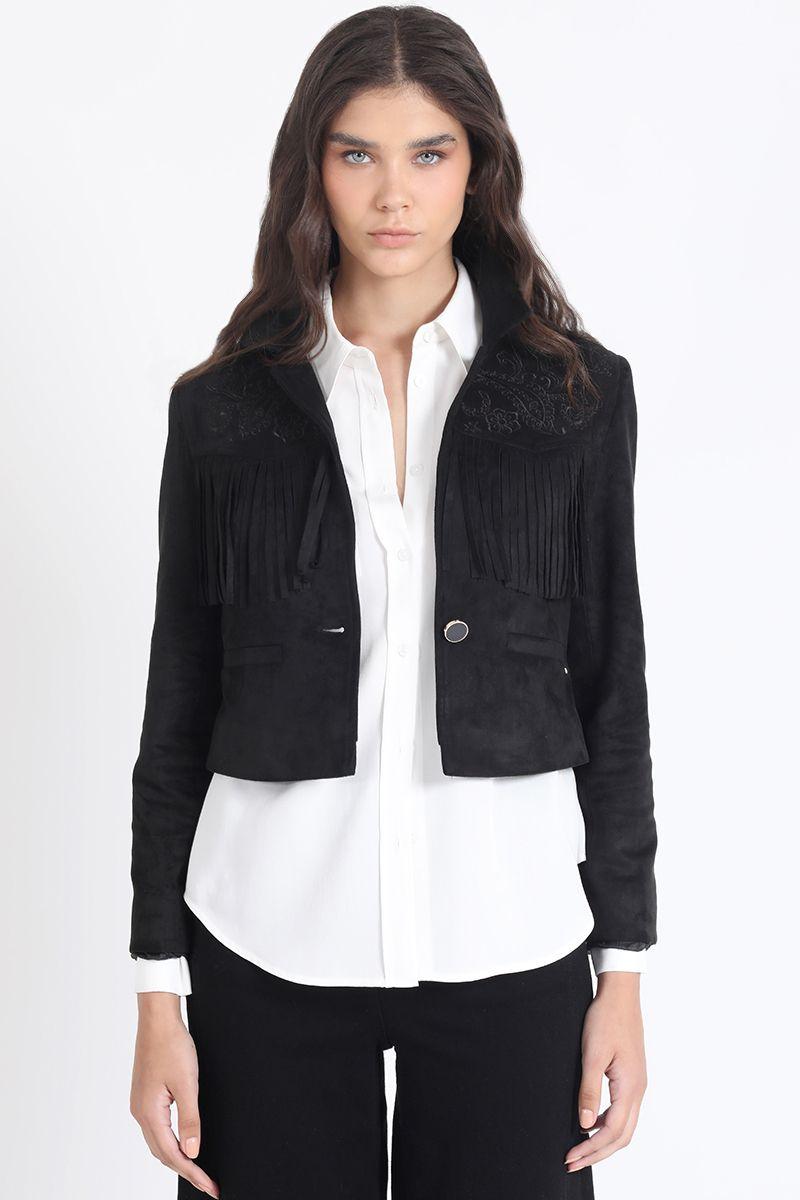 Chaqueta Cropped Efecto Gamuza, Flecos, Negro Liola-3