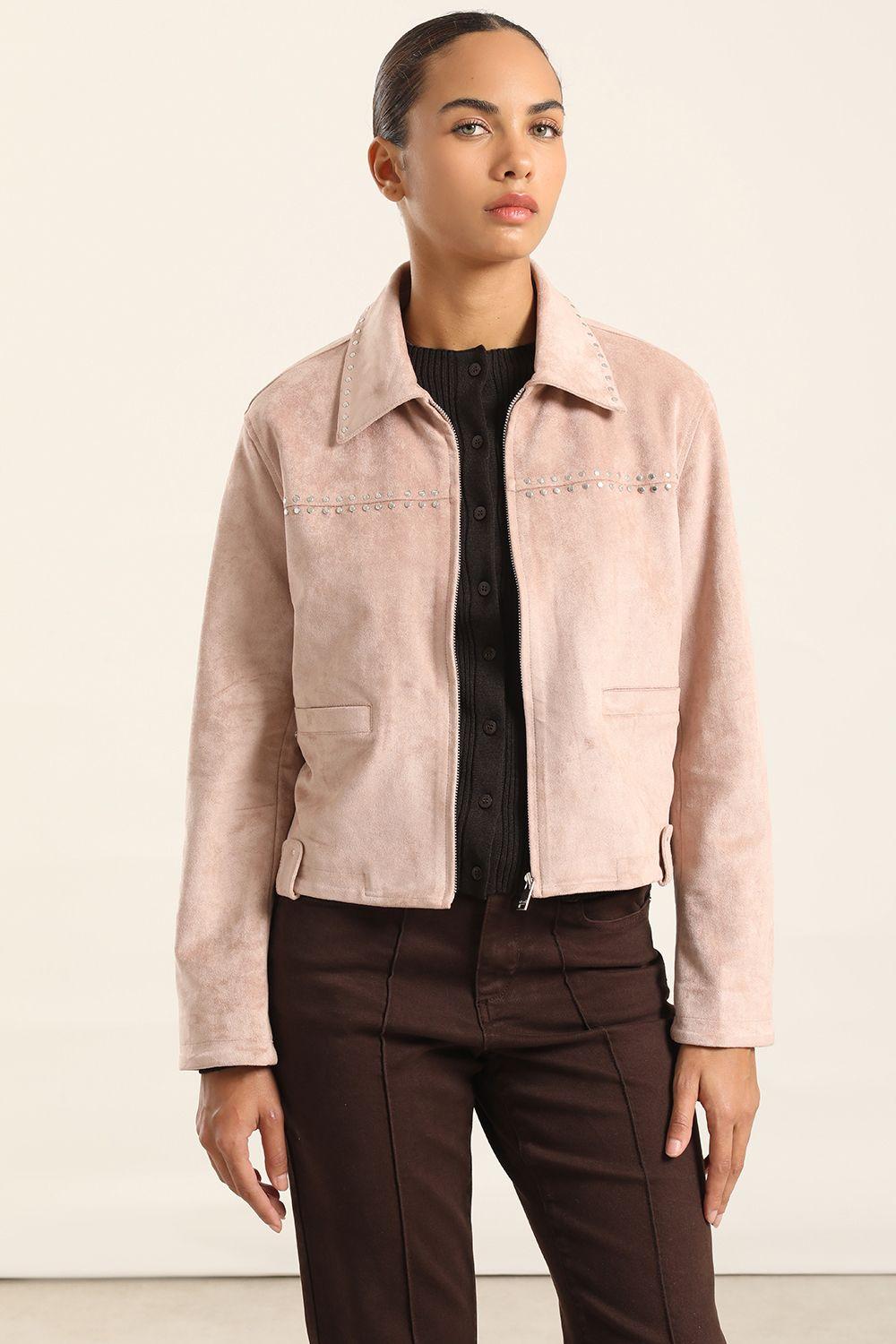Chaqueta Tachas Efecto Gamuza, Rosa Liola-0