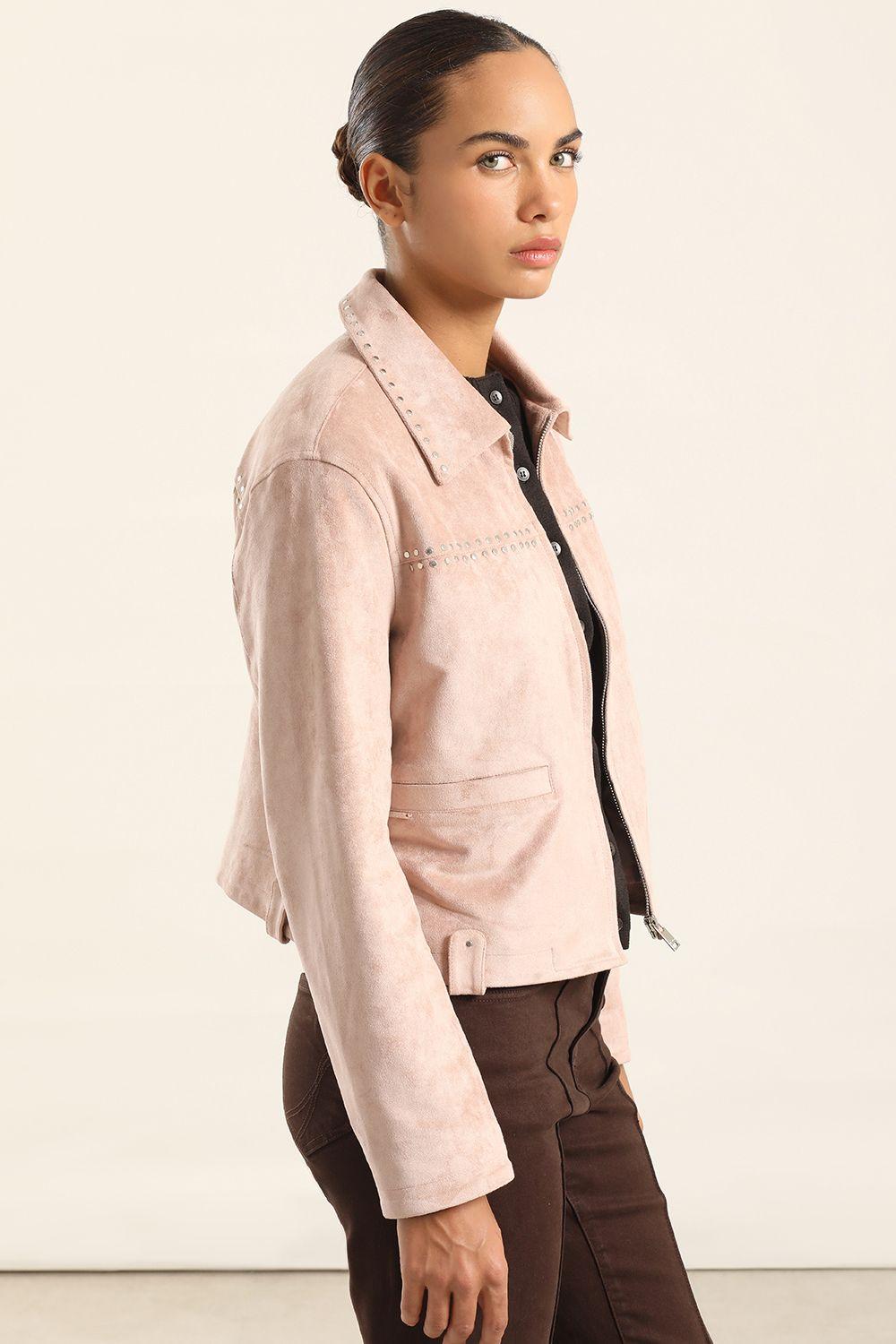 Chaqueta Tachas Efecto Gamuza, Rosa Liola-2