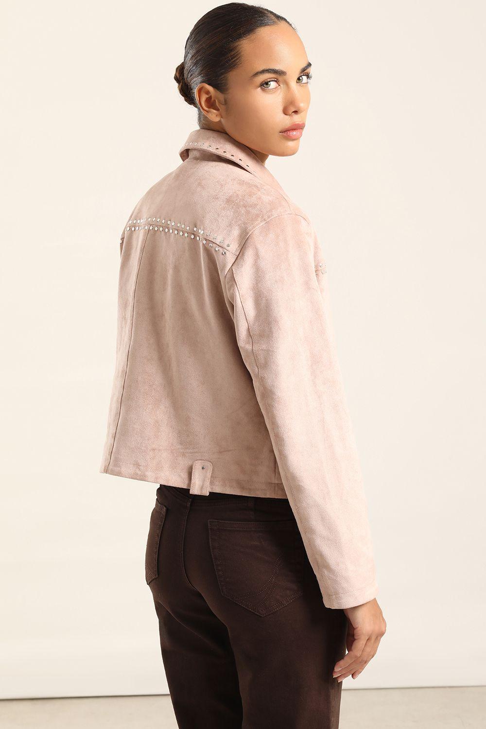 Chaqueta Tachas Efecto Gamuza, Rosa Liola-3