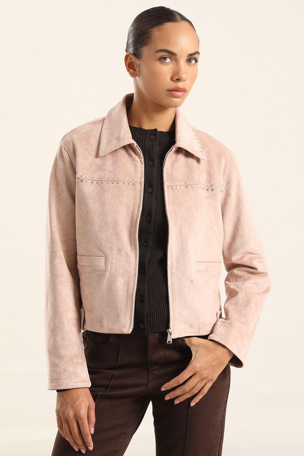 Chaqueta Tachas Efecto Gamuza, Rosa Liola-4