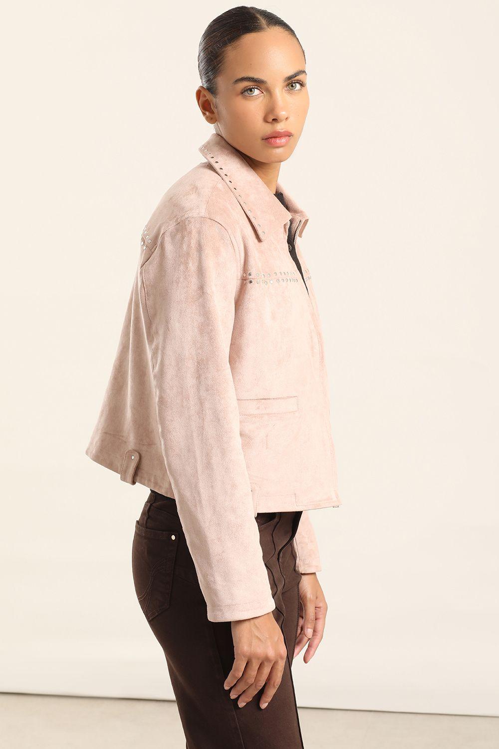 Chaqueta Tachas Efecto Gamuza, Rosa Liola-5