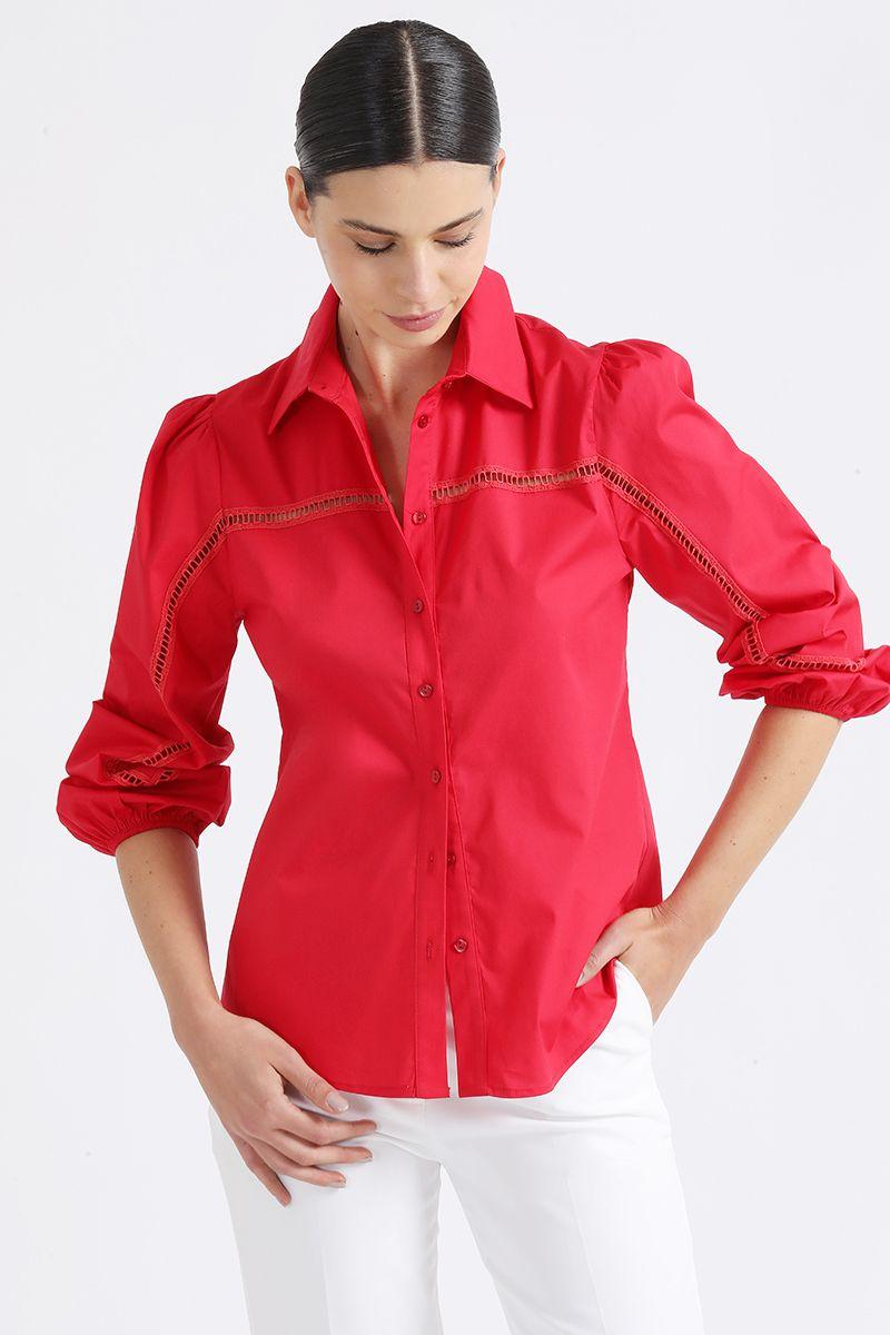 Camisa Poplin Con Bordado Perforado, Rojo, Liola-0