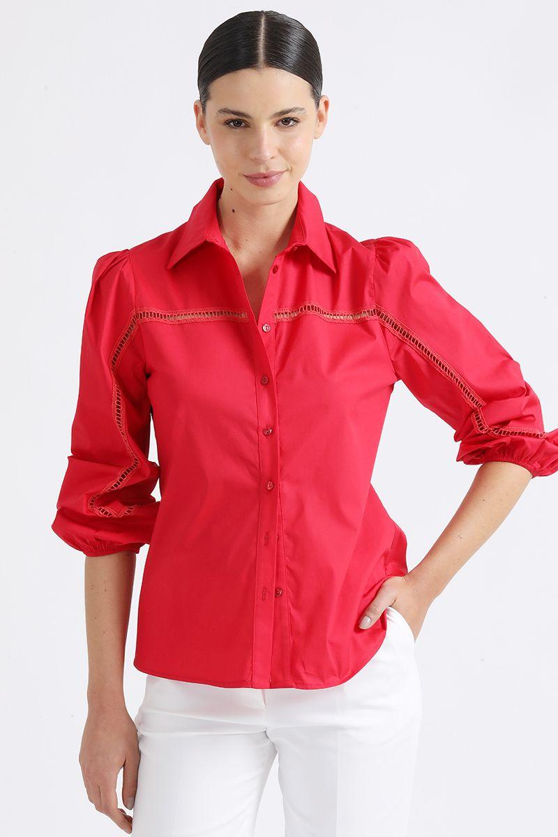 Camisa Poplin Con Bordado Perforado, Rojo, Liola-1
