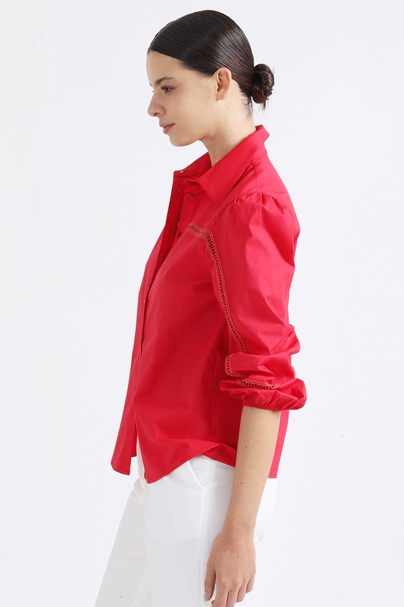 Camisa Poplin Con Bordado Perforado, Rojo, Liola-2