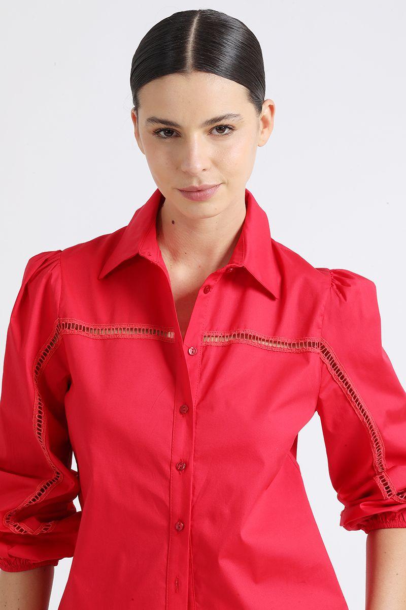 Camisa Poplin Con Bordado Perforado, Rojo, Liola-3