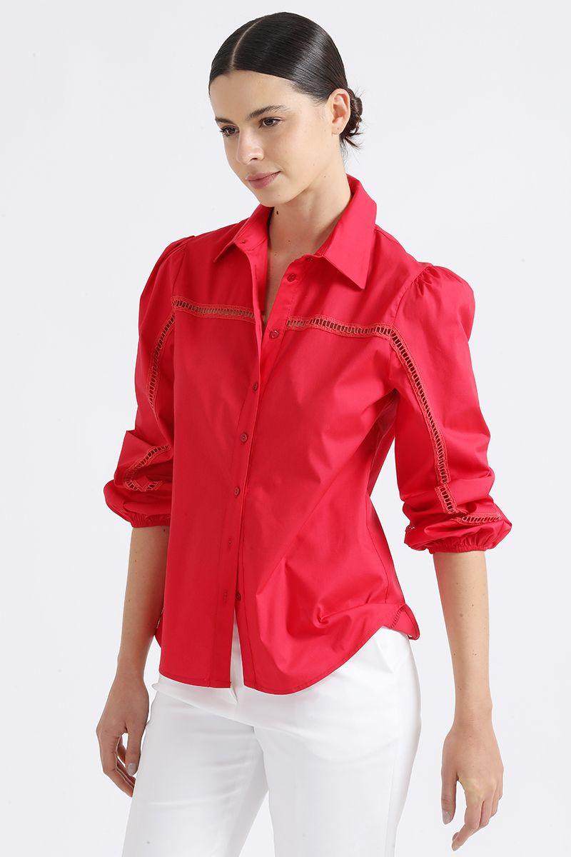 Camisa Poplin Con Bordado Perforado, Rojo, Liola-4
