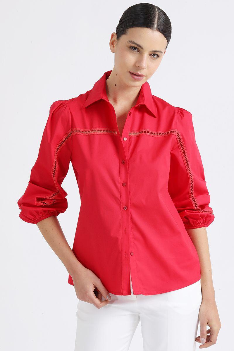 Camisa Poplin Con Bordado Perforado, Rojo, Liola-5