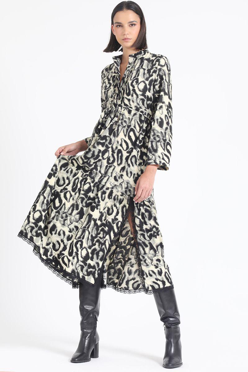 Vestido Largo, Fluido, Estampado Animal, Negro Liola-3