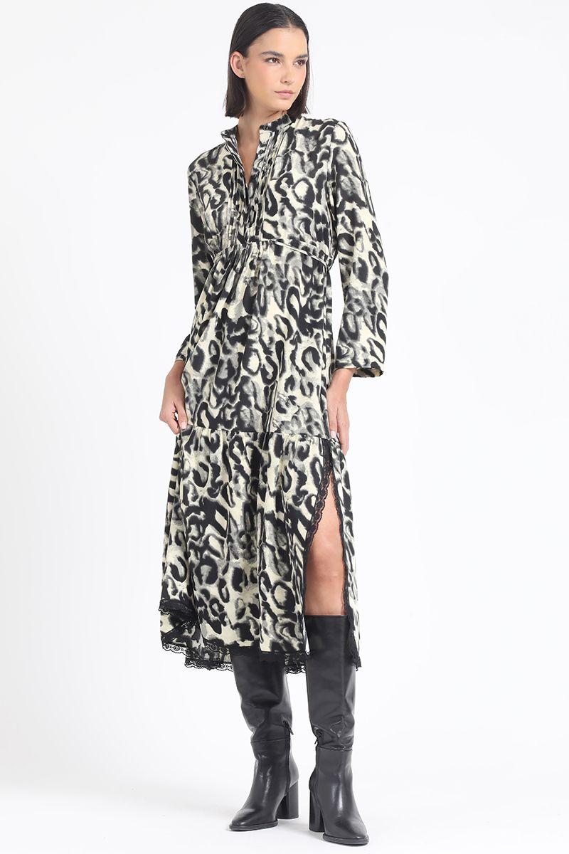 Vestido Largo, Fluido, Estampado Animal, Negro Liola-5