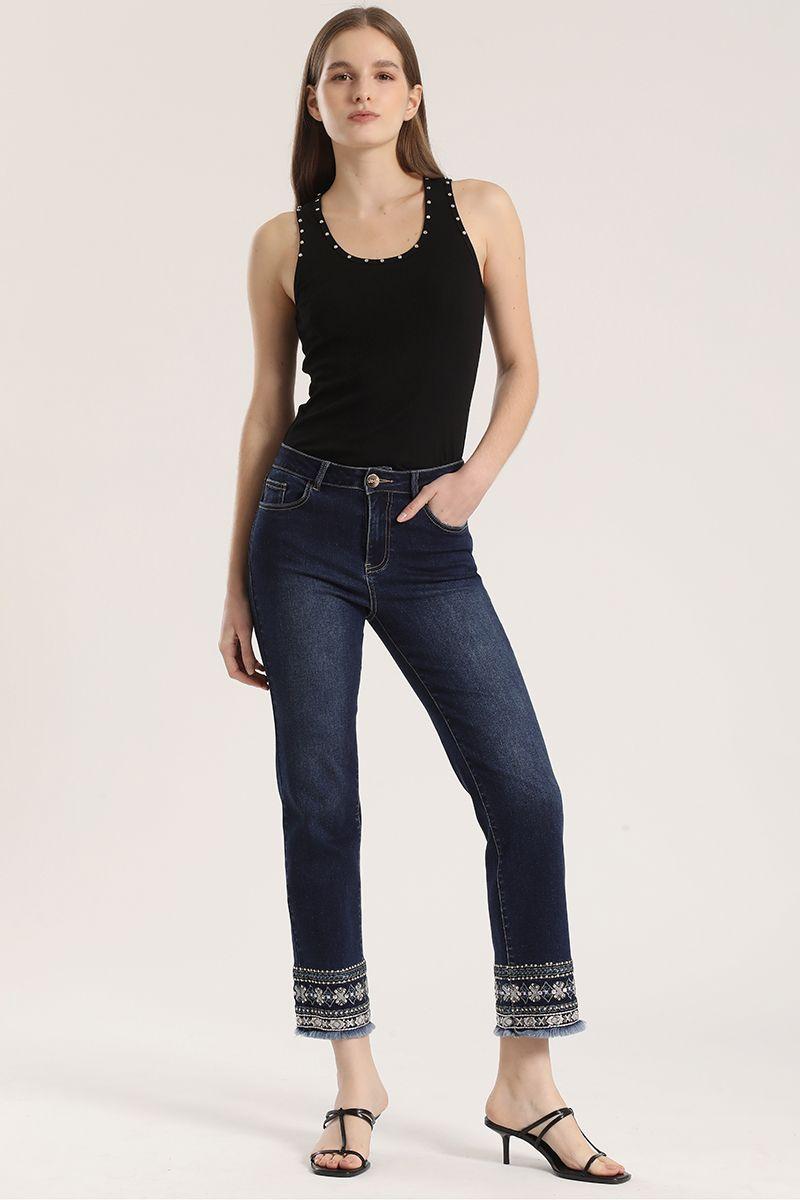 Jeans slim cropped bordado liola mujer azul-1
