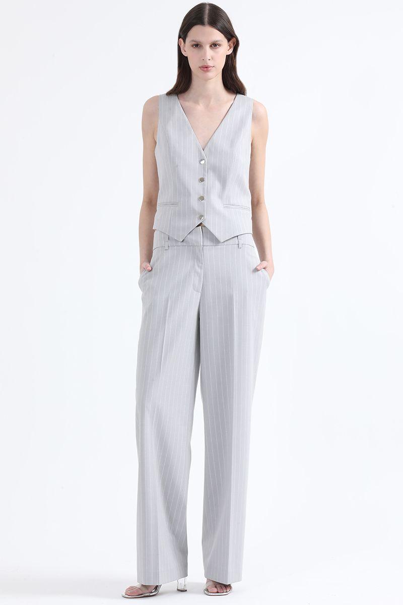 Pantalon Recto, Tiro Alto, Listado Lurex Gris Liola-2