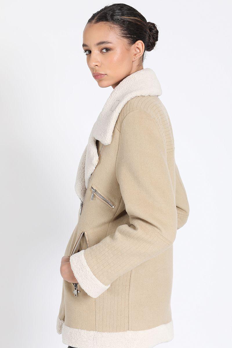 Chaqueta Larga Biker, Doble Faz Efecto Piel, Beige Liola-2