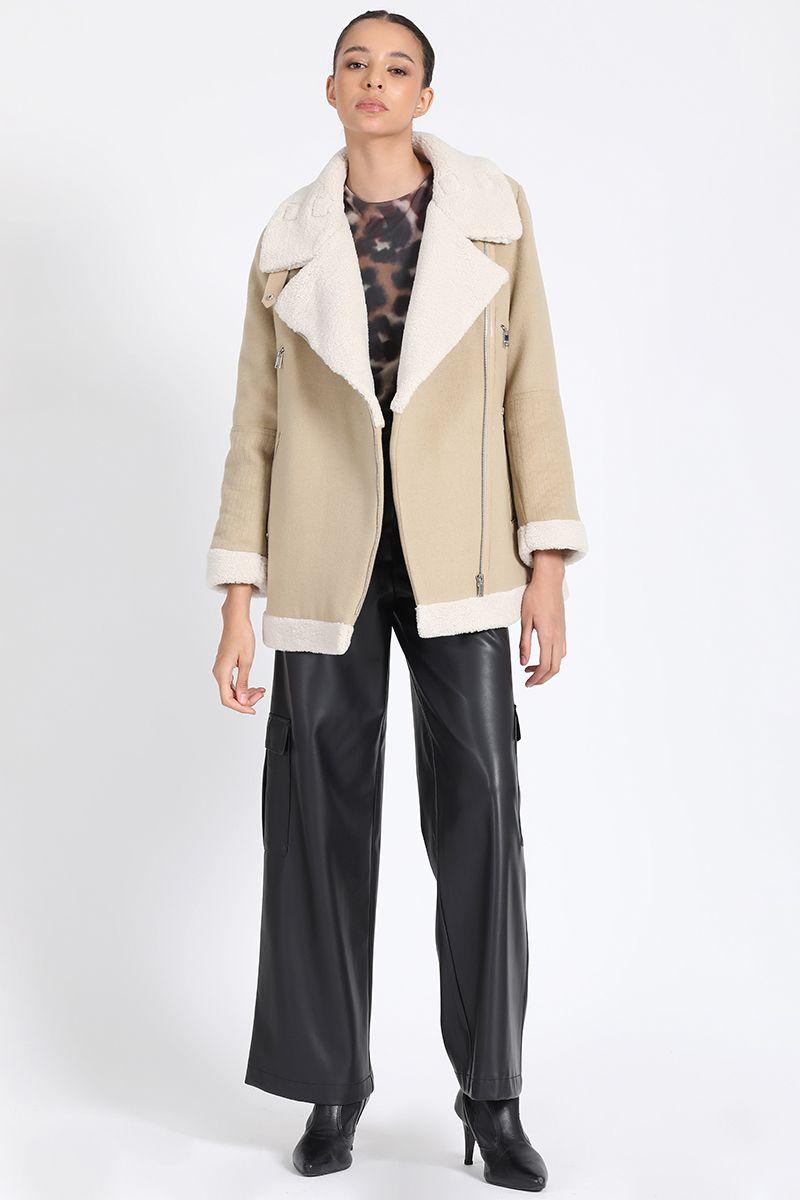 Chaqueta Larga Biker, Doble Faz Efecto Piel, Beige Liola-3
