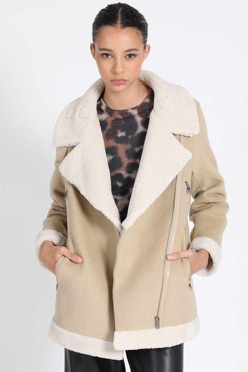 Chaqueta Larga Biker, Doble Faz Efecto Piel, Beige Liola-5