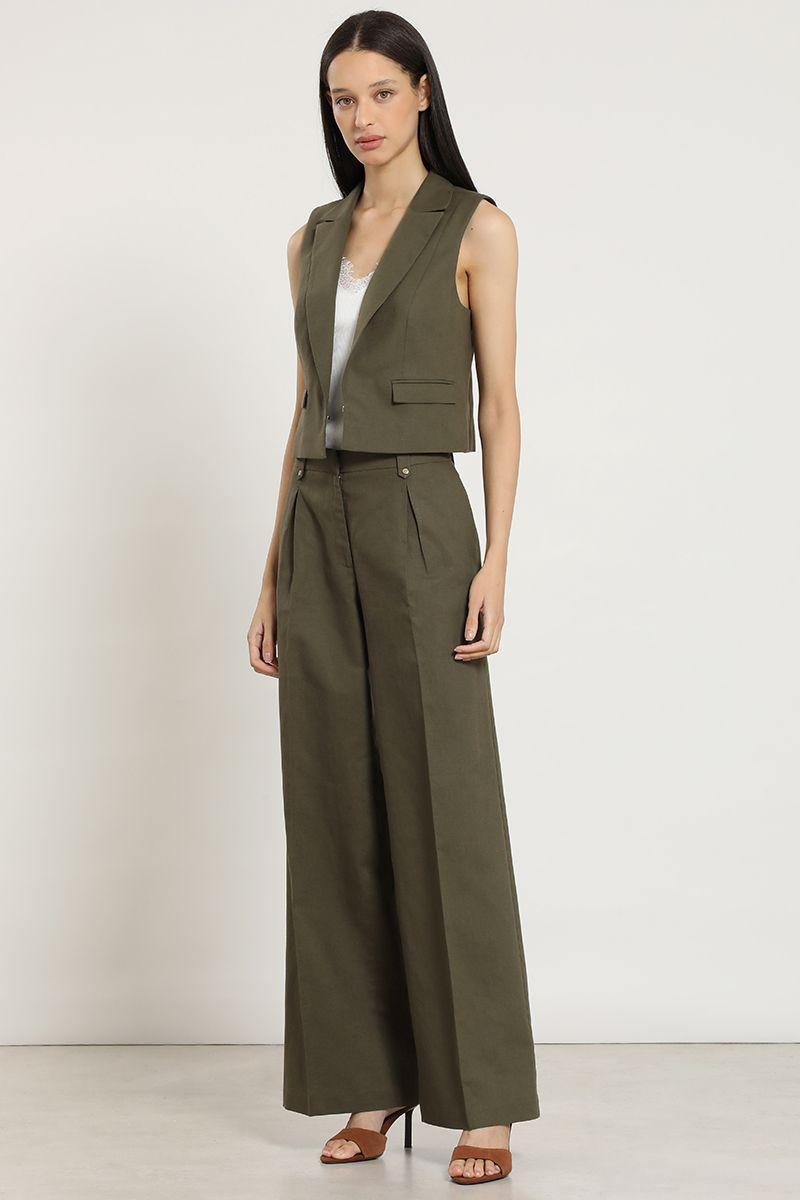 Pantalon ancho, lino algodon, verde Liola-0