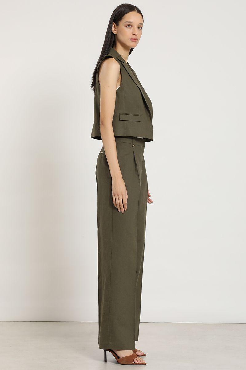 Pantalon ancho, lino algodon, verde Liola-2