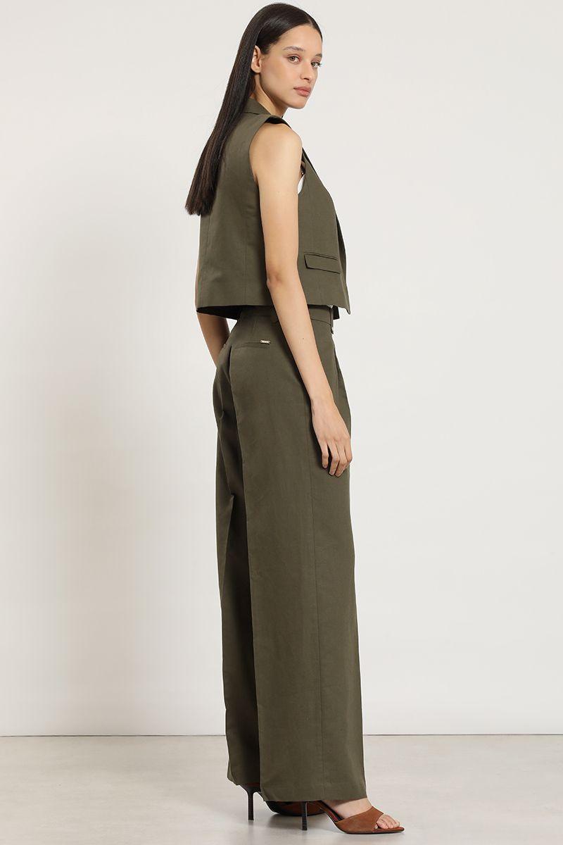 Pantalon ancho, lino algodon, verde Liola-3