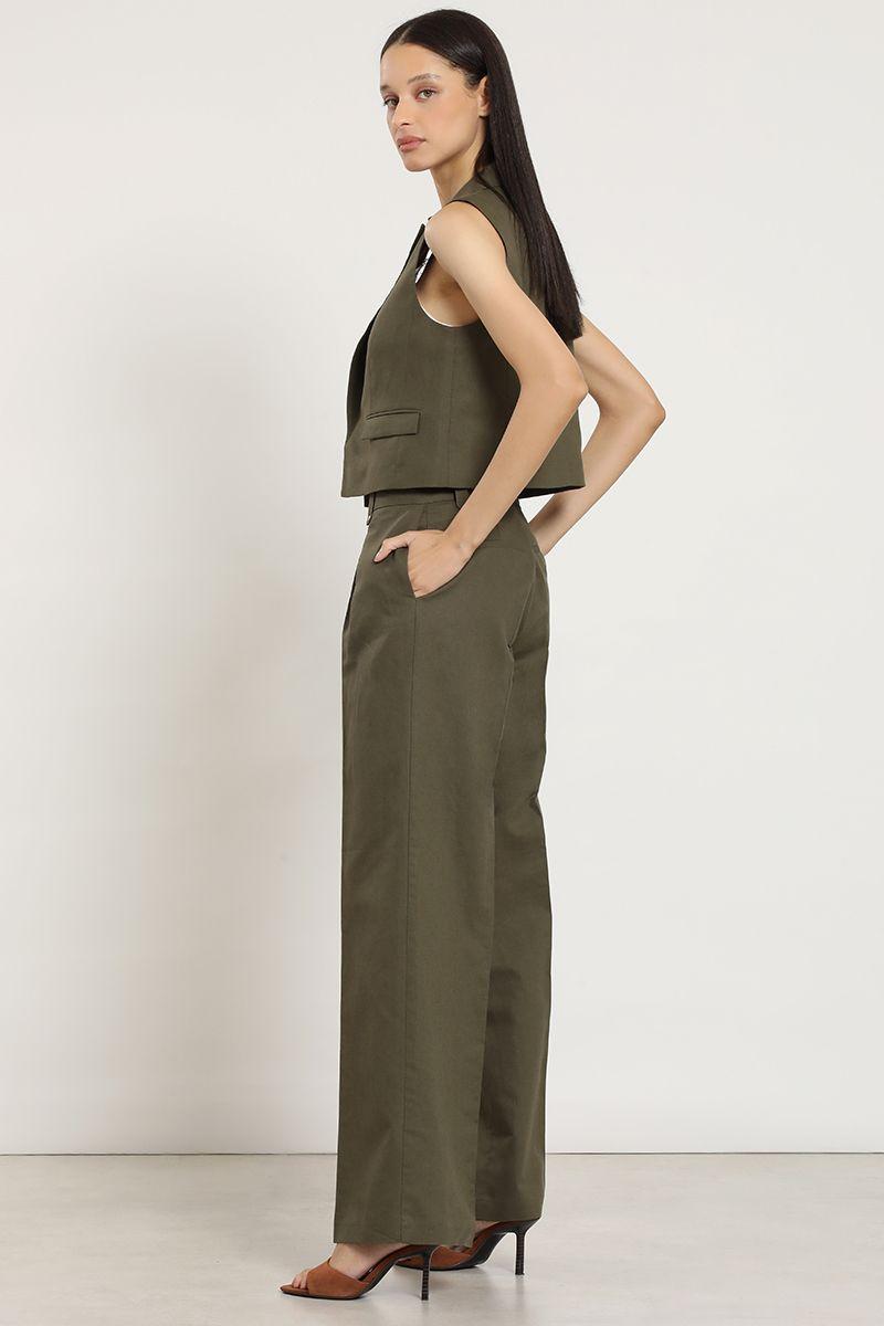 Pantalon ancho, lino algodon, verde Liola-4