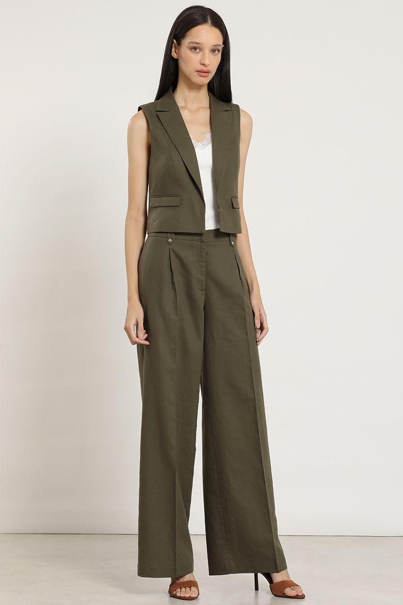 Pantalon ancho, lino algodon, verde Liola-5