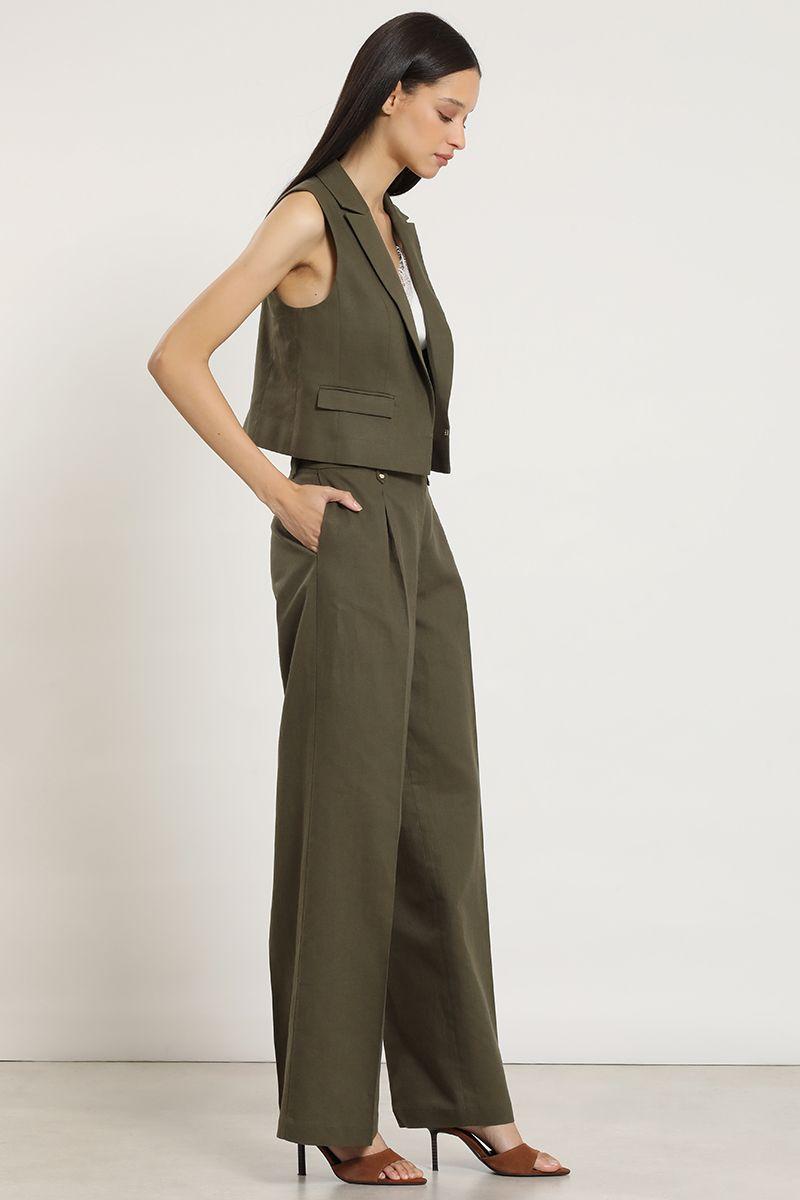 Pantalon ancho, lino algodon, verde Liola-6