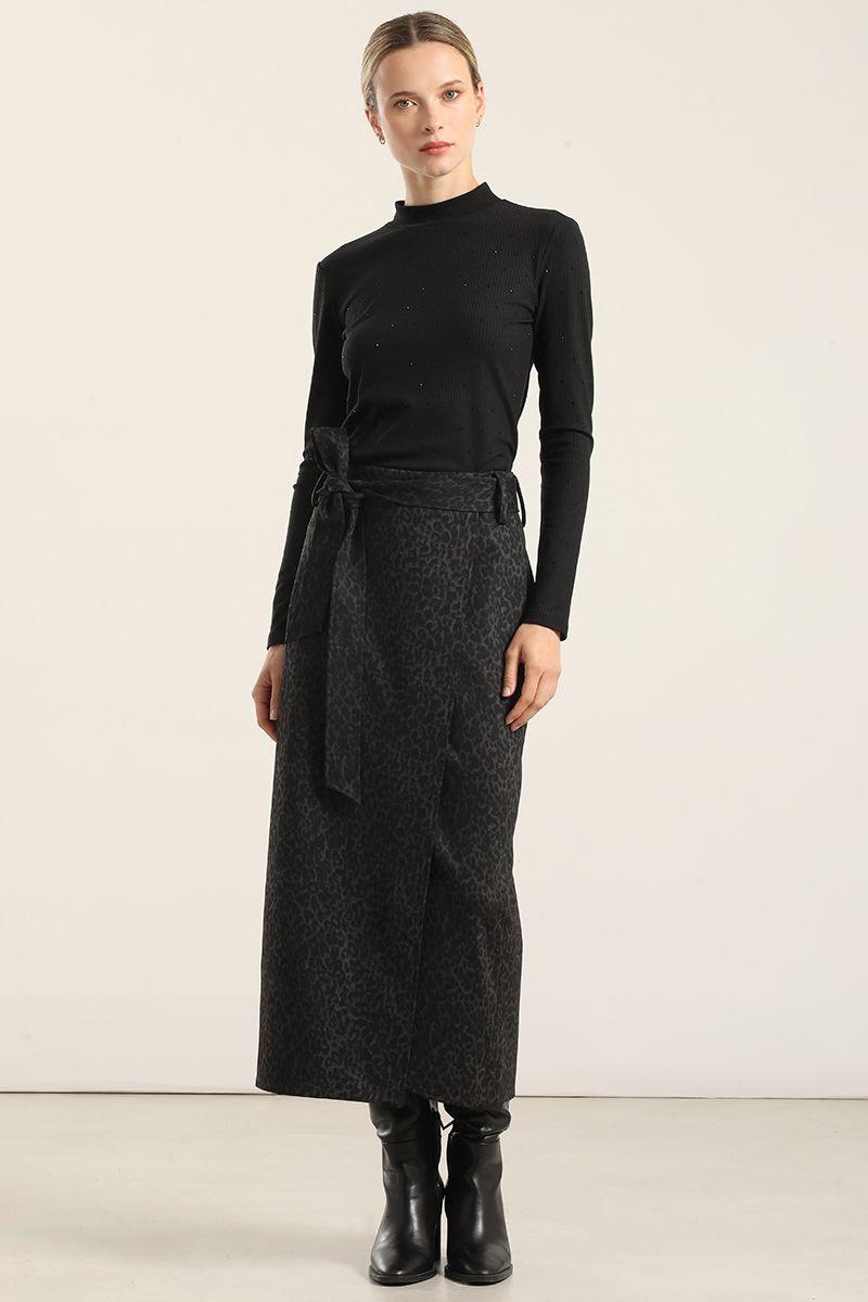 Falda Midi Animal Print, Negro Liola-2