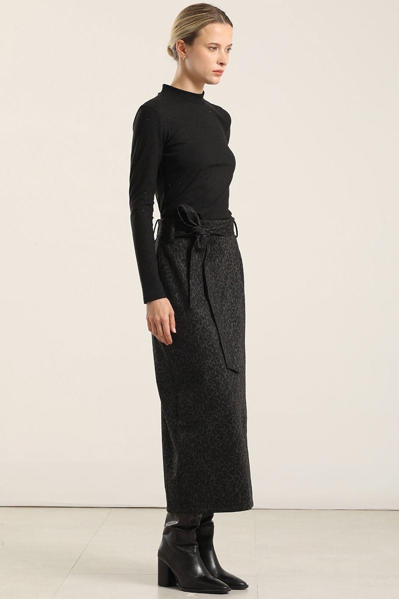 Falda Midi Animal Print, Negro Liola-3