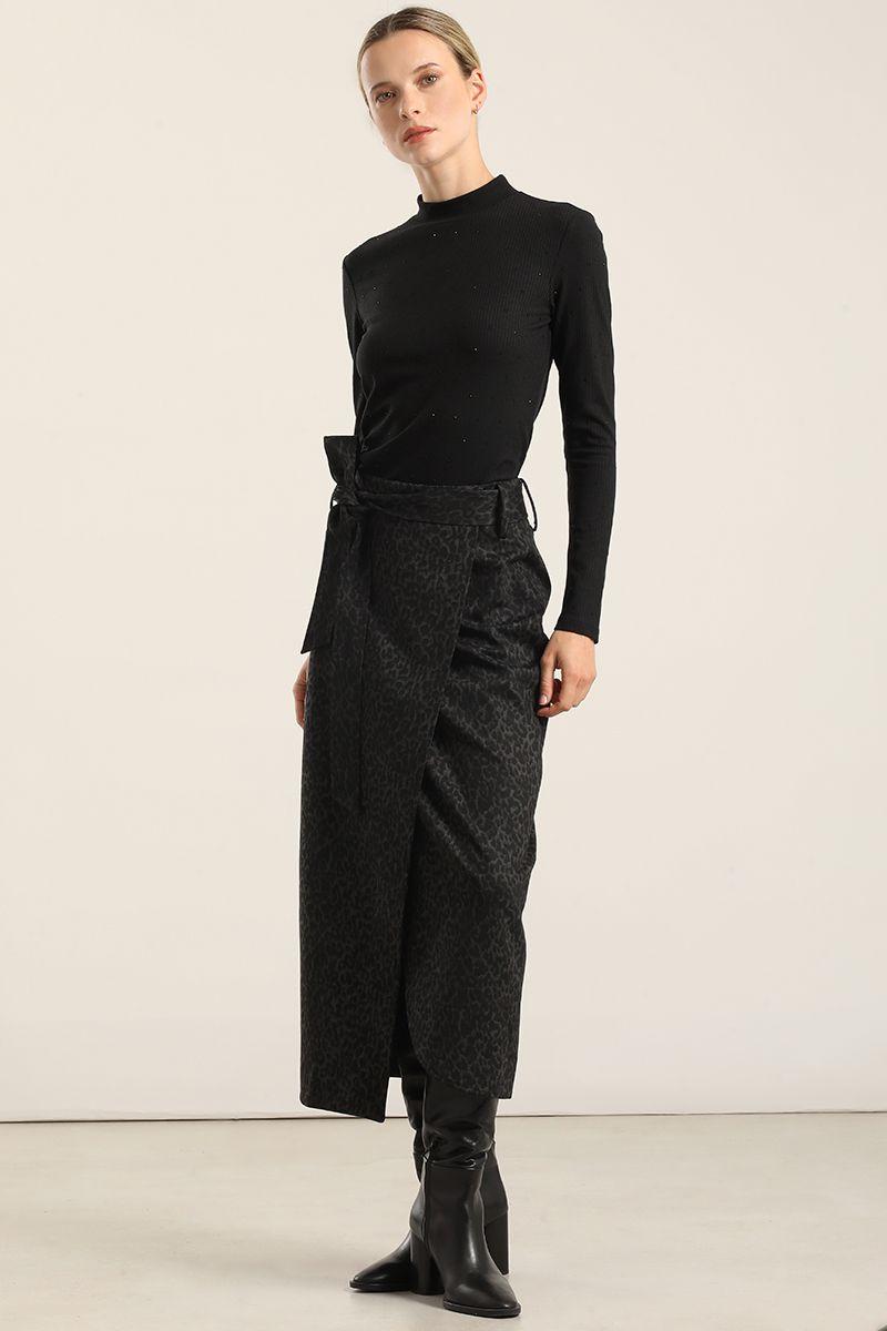 Falda Midi Animal Print, Negro Liola-5