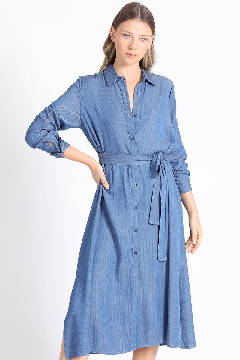 Camisa Extra Larga Chambray Listado, Azul Liola-0