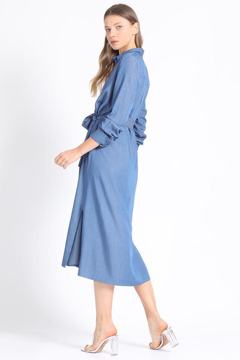 Camisa Extra Larga Chambray Listado, Azul Liola-2