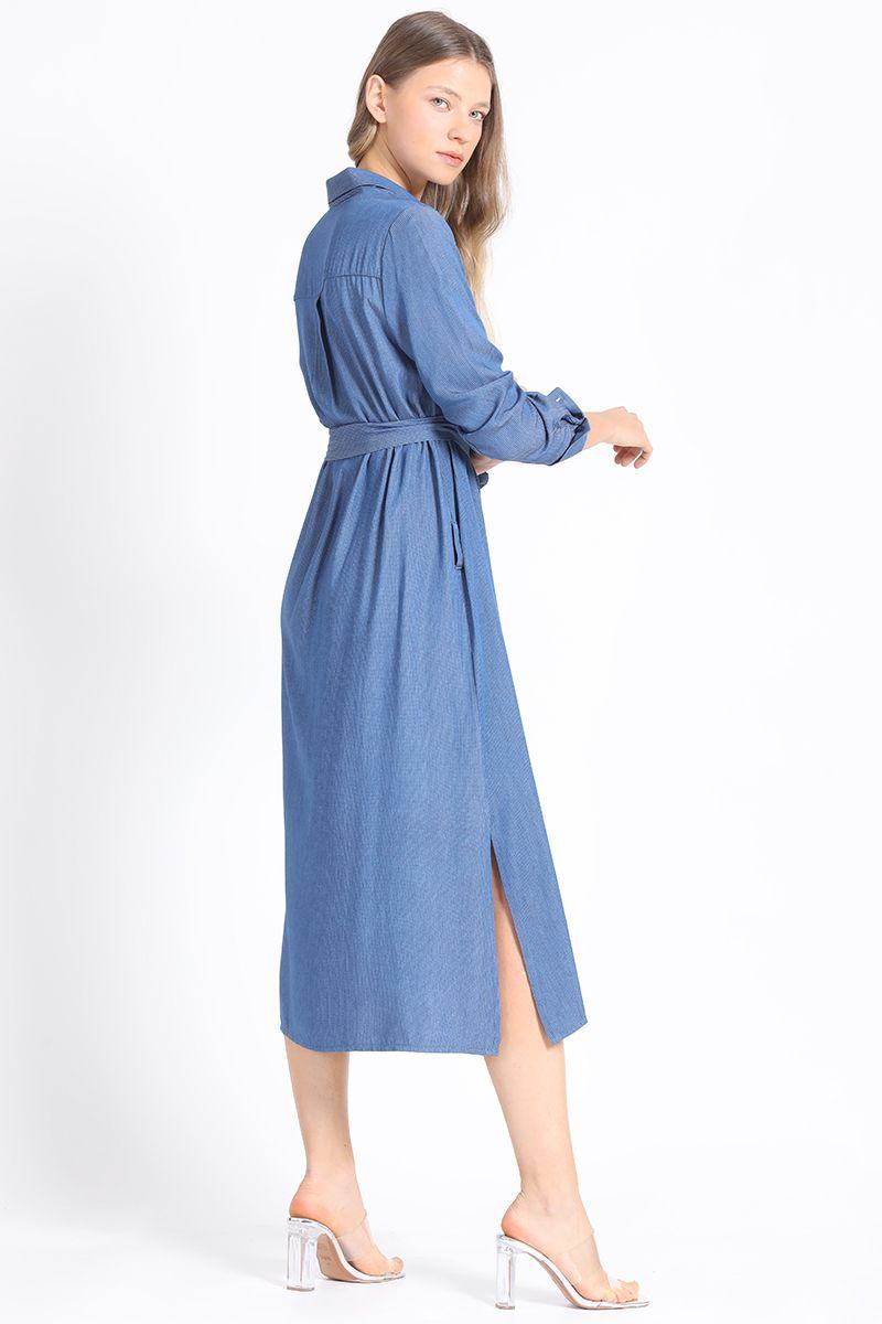 Camisa Extra Larga Chambray Listado, Azul Liola-3