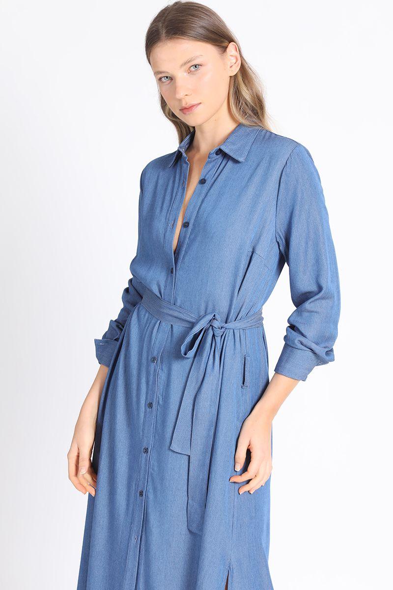Camisa Extra Larga Chambray Listado, Azul Liola-4