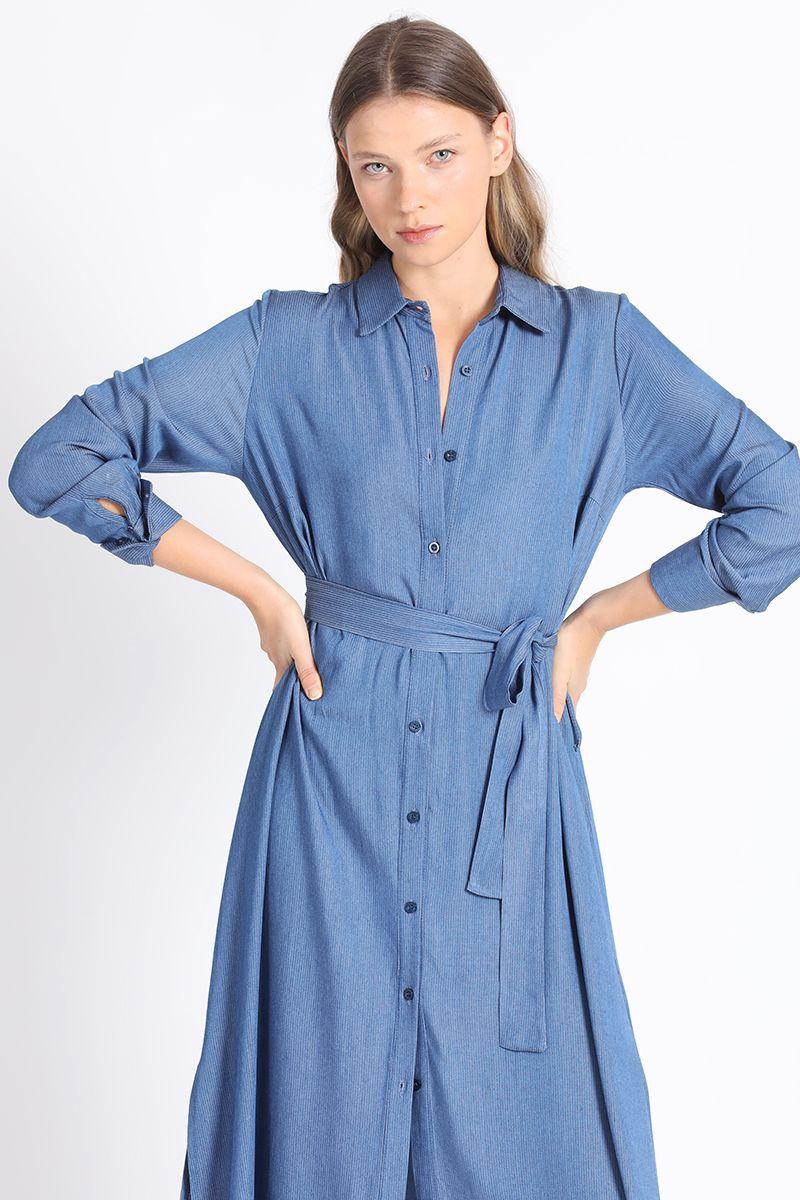 Camisa Extra Larga Chambray Listado, Azul Liola-5