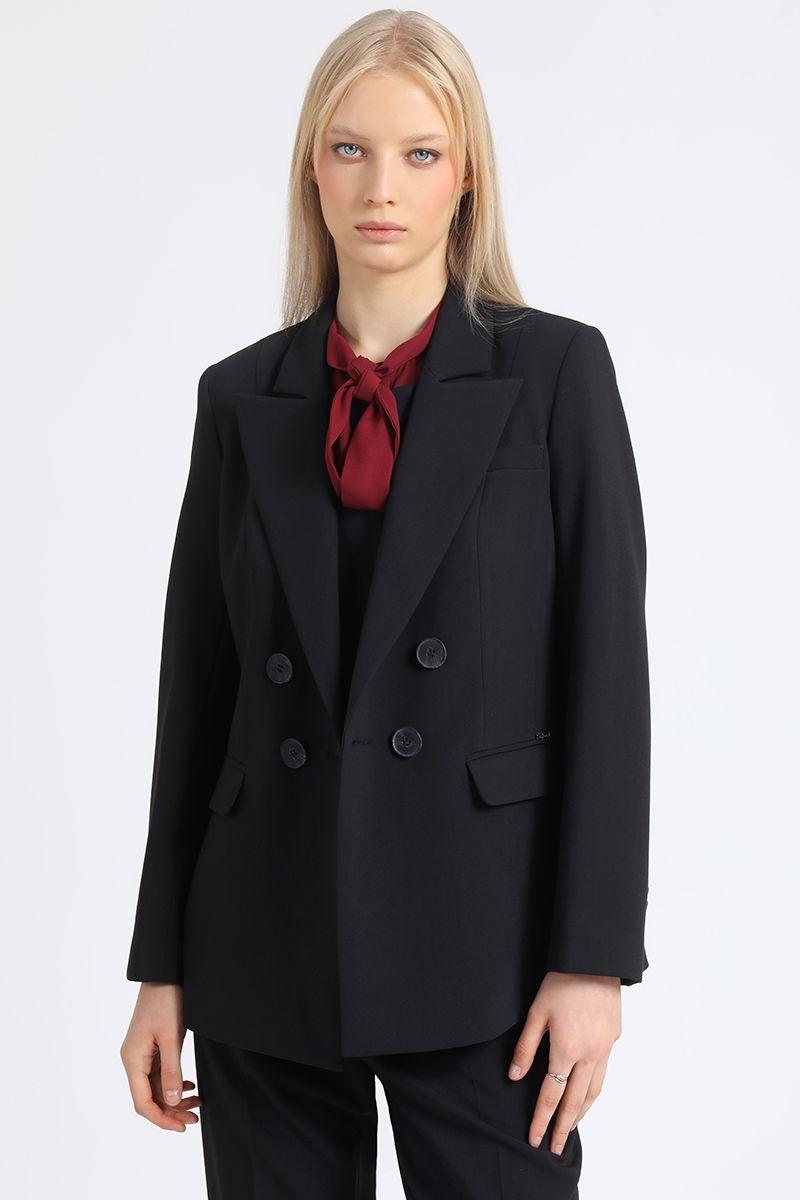 Blazer Entallado Cruzado, Boton Contraste, Negro Liola-4
