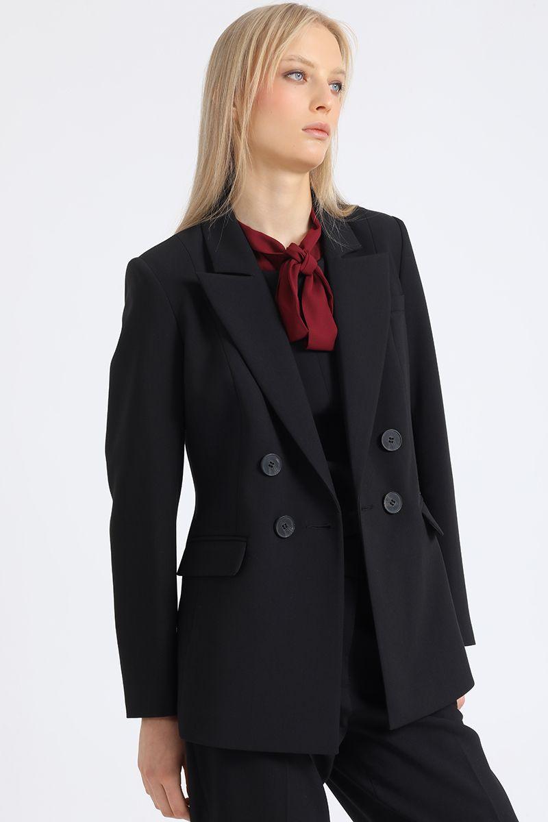 Blazer Entallado Cruzado, Boton Contraste, Negro Liola-5