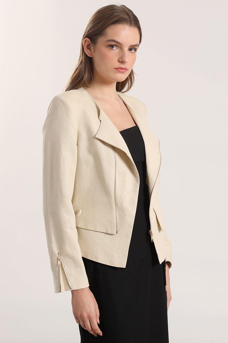 Chaqueta biker lino Liola mujer beige-0