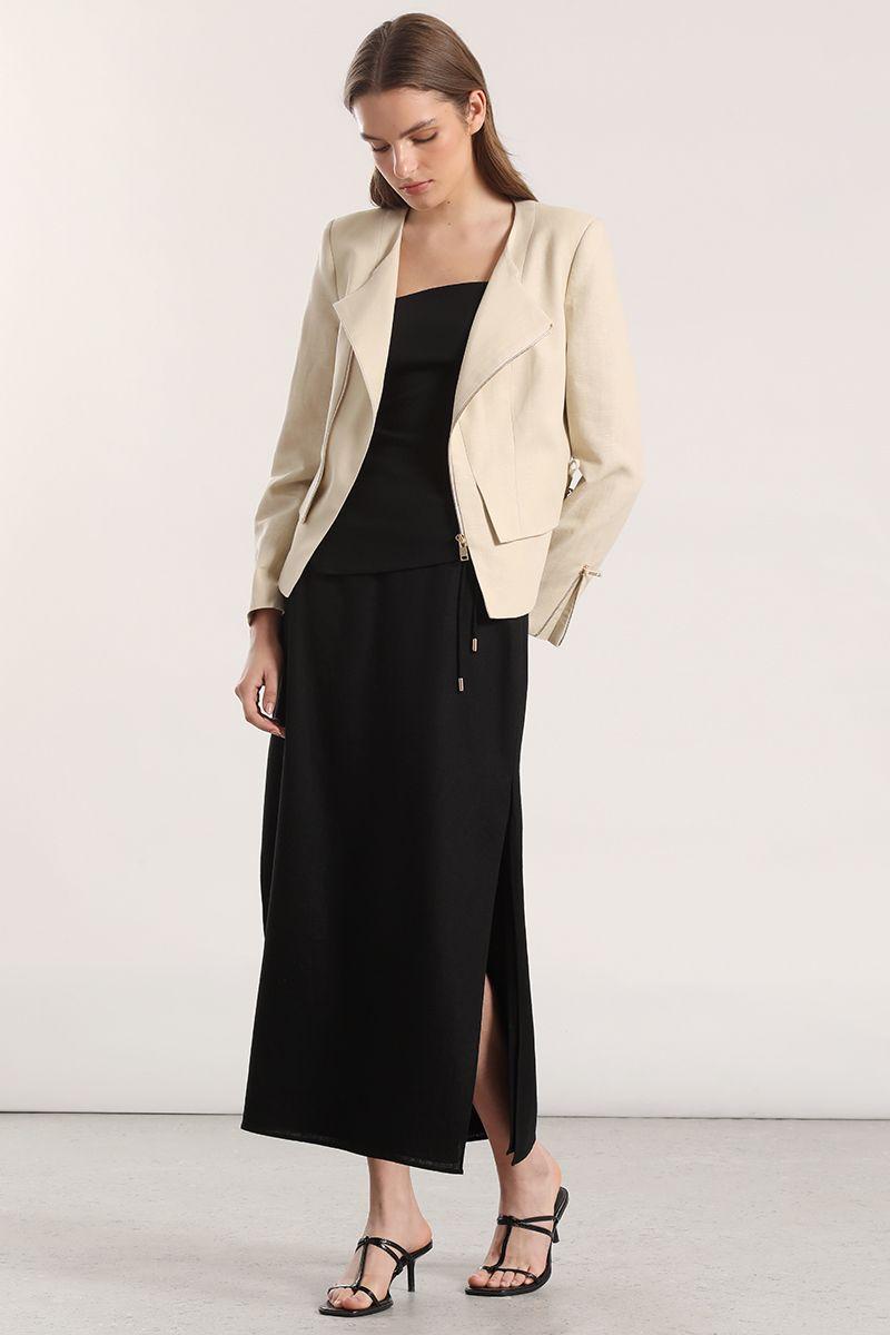Chaqueta biker lino Liola mujer beige-3