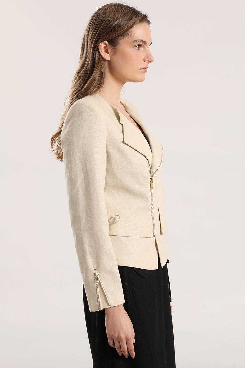 Chaqueta biker lino Liola mujer beige-4