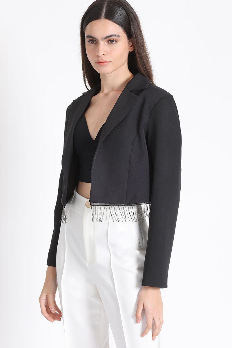 Blazer Crop Flecos Strass, Negro Liola-4