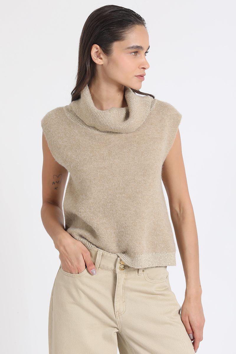 Sweater Recto Tejido, Hilo Metalizado, Camel Liola-0