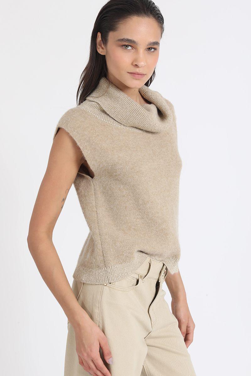 Sweater Recto Tejido, Hilo Metalizado, Camel Liola-2