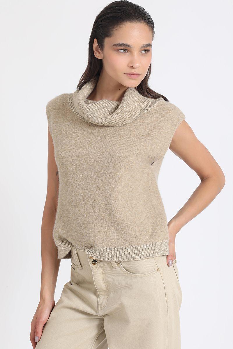 Sweater Recto Tejido, Hilo Metalizado, Camel Liola-3