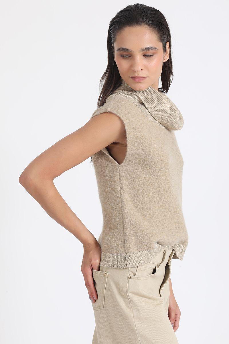 Sweater Recto Tejido, Hilo Metalizado, Camel Liola-4