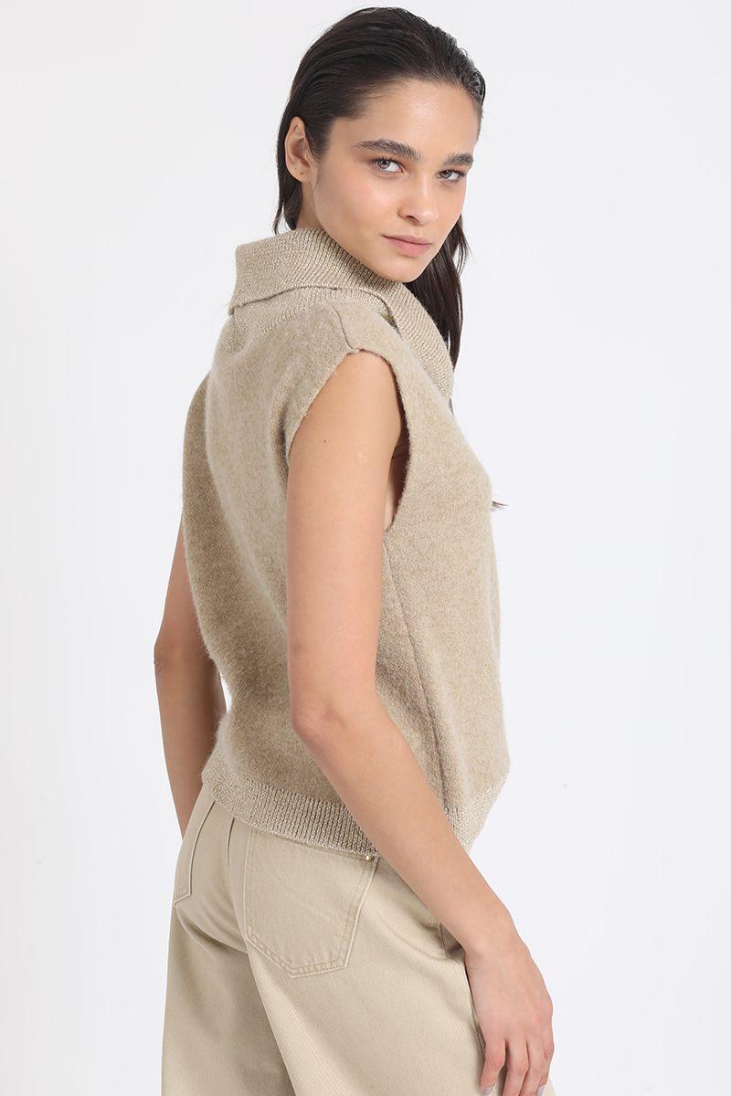 Sweater Recto Tejido, Hilo Metalizado, Camel Liola-5