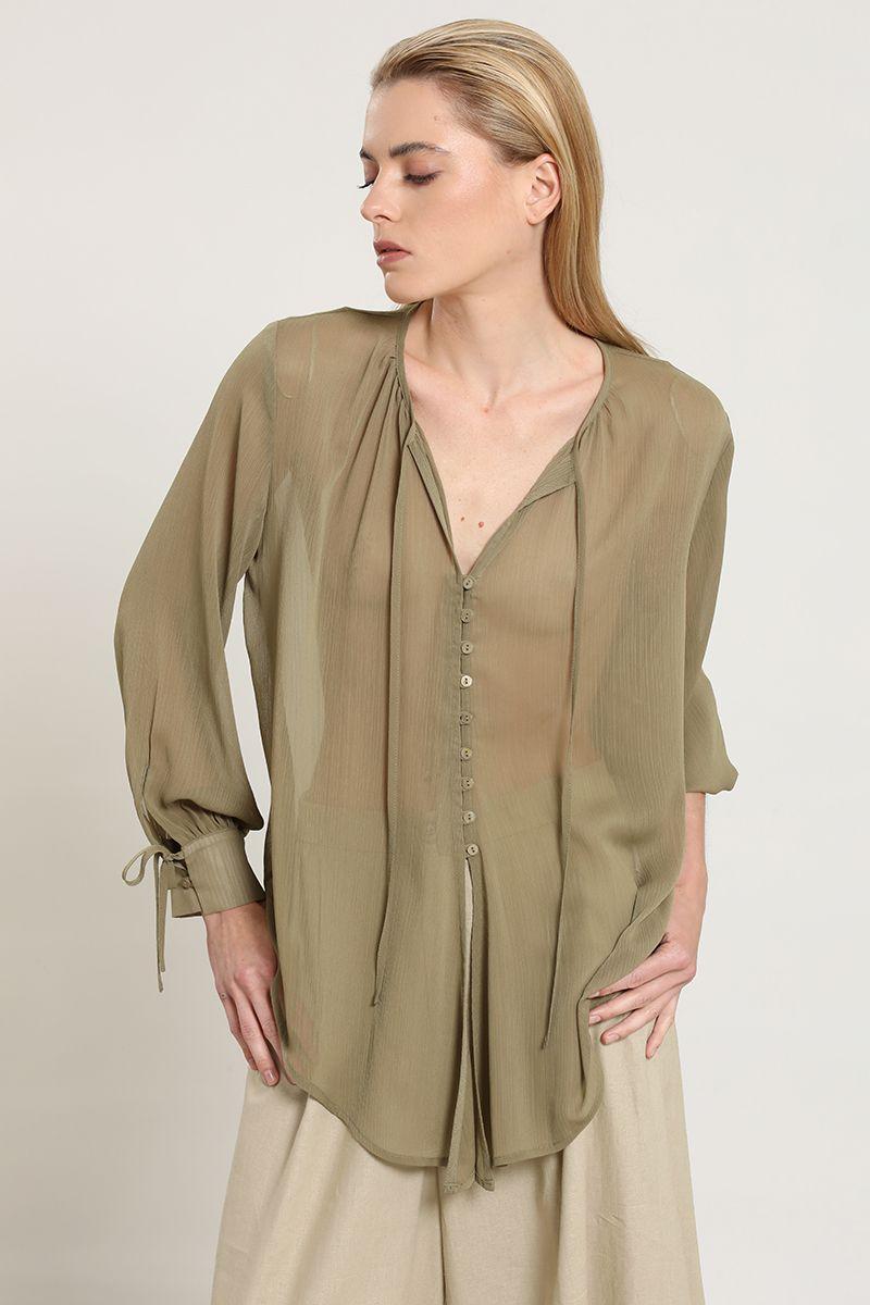Blusa semitransparente, amarre cuello, verde Liola-3